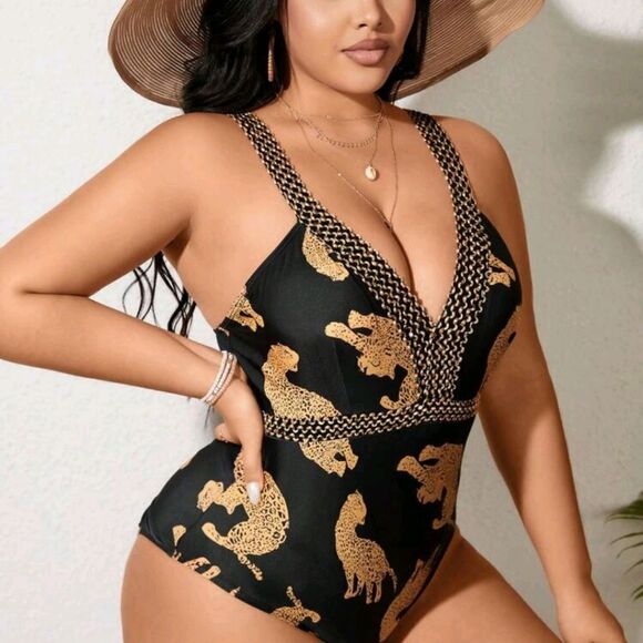 Black and Gold Leopard Print Swimsuit 1X - Picture 5 of 6